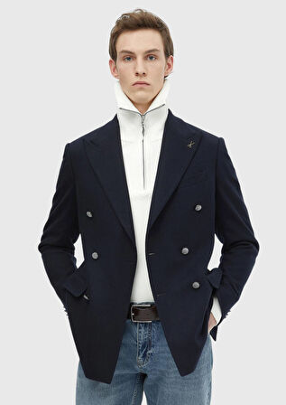 Lacivert Düz Comfort Fit Yün Karışımlı Ceket