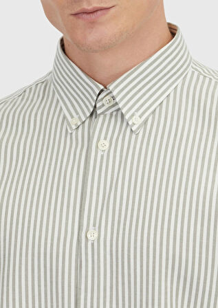 Yeşil Çizgili Loose Fit Dokuma Casual Pamuk Karışımlı Gömlek