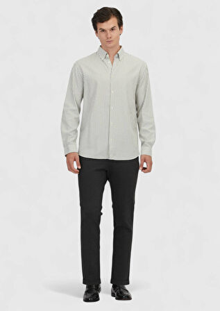 Yeşil Çizgili Loose Fit Dokuma Casual Pamuk Karışımlı Gömlek