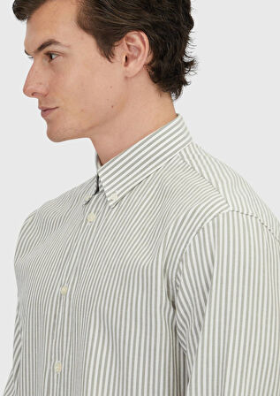 Yeşil Çizgili Loose Fit Dokuma Casual Pamuk Karışımlı Gömlek