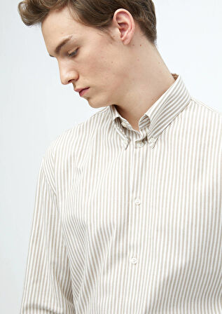 Deve Tüyü Çizgili Loose Fit Dokuma Casual Pamuk Karışımlı Gömlek