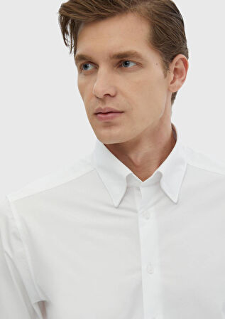 Beyaz Düz Casual Fit Casual Pamuk Karışımlı Gömlek