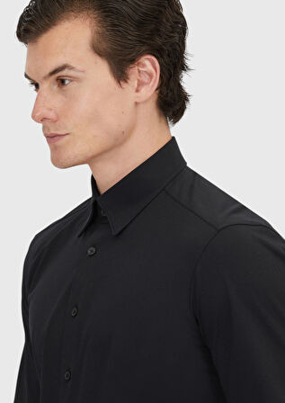 Siyah Düz Casual Fit Casual Pamuk Karışımlı Gömlek