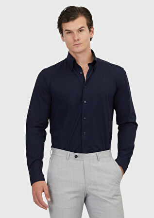 Lacivert Düz Casual Fit Casual Pamuk Karışımlı Gömlek