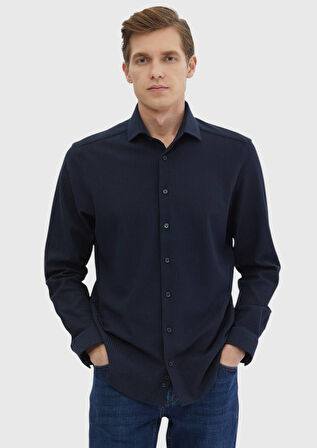 Lacivert Çizgili Casual Fit Casual %100 Pamuk Gömlek