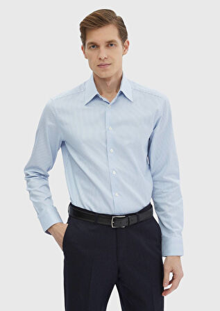 Mavi Çizgili Regular Fit Dokuma Klasik %100 Pamuk Gömlek