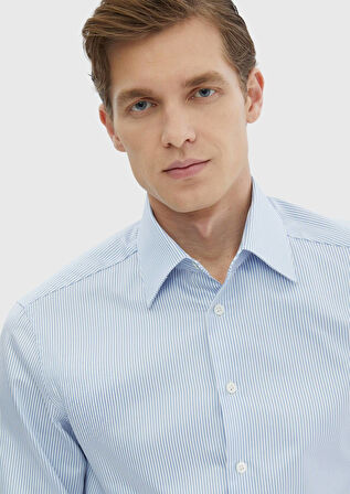 Mavi Çizgili Regular Fit Dokuma Klasik %100 Pamuk Gömlek