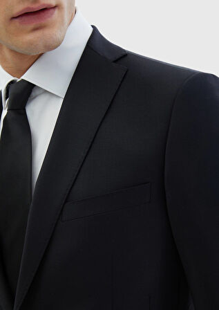 Siyah Düz Fashion Slim Fit Yün Karışımlı Takım Elbise