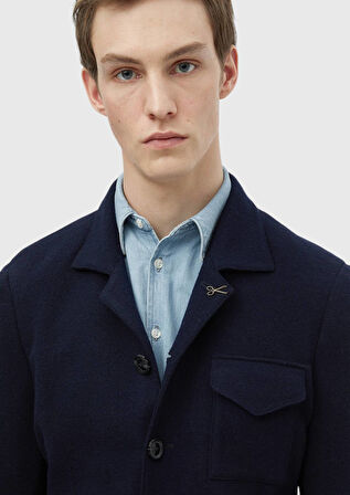 Lacivert Düz Shirt Shoulder Slim Fit %100 Yün Örme Ceket