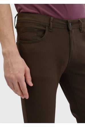 Kahverengi Düz Dokuma Slim Fit Casual Pamuk Karışımlı Pantolon