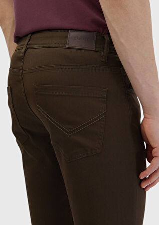 Kahverengi Düz Dokuma Slim Fit Casual Pamuk Karışımlı Pantolon