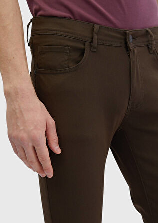Kahverengi Düz Dokuma Slim Fit Casual Pamuk Karışımlı Pantolon