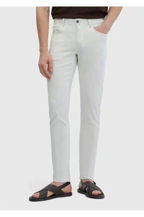 Ekru Düz Dokuma Slim Fit Casual Pamuk Karışımlı Pantolon