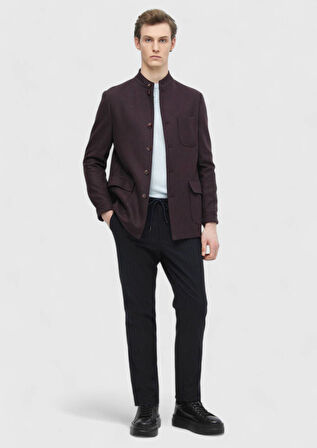 Bordo Düz Shirt Shoulder Slim Fit Yün Karışımlı Örme Ceket