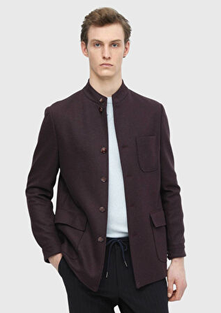 Bordo Düz Shirt Shoulder Slim Fit Yün Karışımlı Örme Ceket
