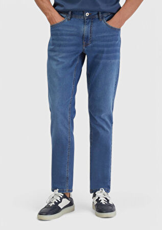 Mavi Düz Slim Fit Denim Pamuk Karışımlı Pantolon