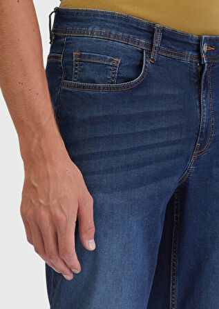 Lacivert Düz Slim Fit Denim Pamuk Karışımlı Pantolon