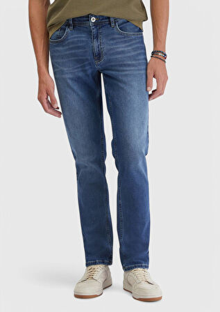 İndigo Düz Slim Fit Denim Pamuk Karışımlı Pantolon