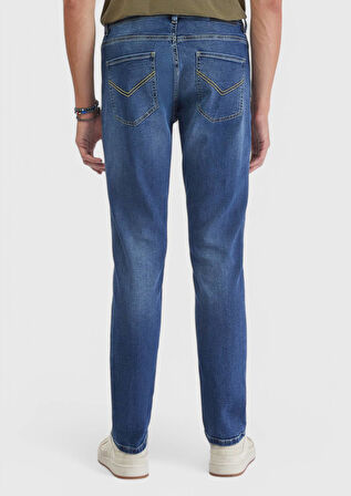 İndigo Düz Slim Fit Denim Pamuk Karışımlı Pantolon