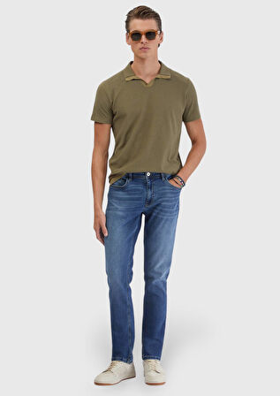 İndigo Düz Slim Fit Denim Pamuk Karışımlı Pantolon