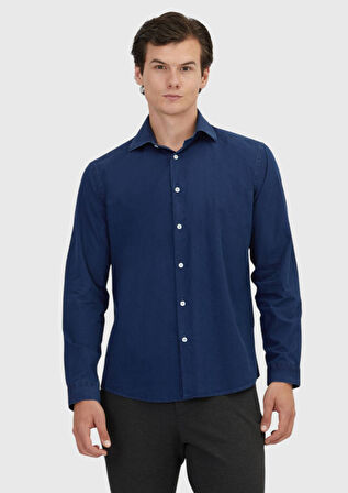 İndigo Düz Casual Fit Dokuma Casual %100 Pamuk Gömlek