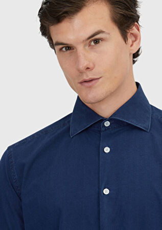 İndigo Düz Casual Fit Dokuma Casual %100 Pamuk Gömlek