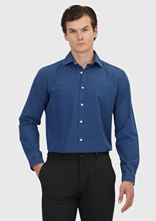 Açık İndigo Düz Casual Fit Dokuma Casual %100 Pamuk Gömlek