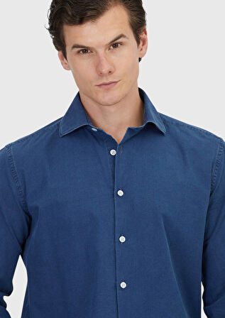Açık İndigo Düz Casual Fit Dokuma Casual %100 Pamuk Gömlek