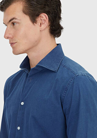Açık İndigo Düz Casual Fit Dokuma Casual %100 Pamuk Gömlek