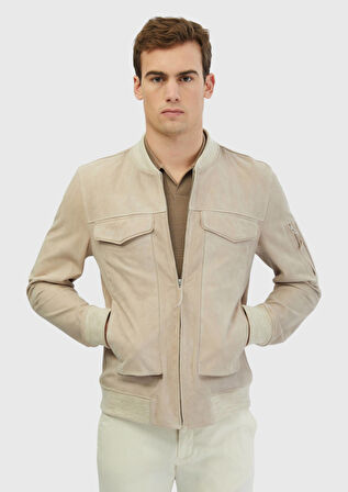 Bej Regular Fit Dik Yaka Casual Deri Mont