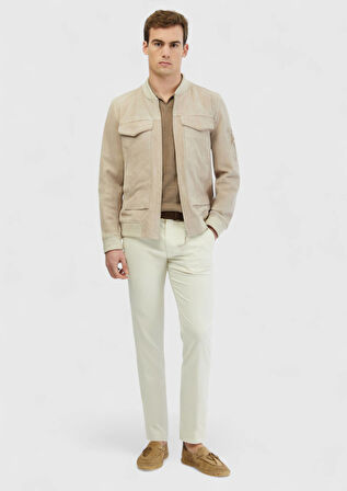 Bej Regular Fit Dik Yaka Casual Deri Mont