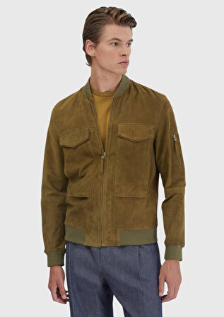 Yağ Yeşili Regular Fit Dik Yaka Casual Deri Mont