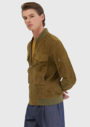 Yağ Yeşili Regular Fit Dik Yaka Casual Deri Mont