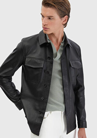 Siyah Regular Fit Gömlek Yaka Casual Koyun Derisi Deri Mont