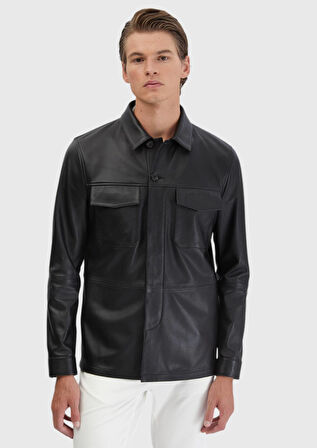 Siyah Regular Fit Gömlek Yaka Casual Koyun Derisi Deri Mont