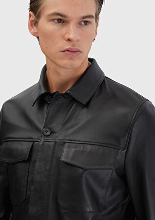 Siyah Regular Fit Gömlek Yaka Casual Koyun Derisi Deri Mont
