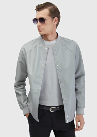 Gri Regular Fit Dik Yaka Casual Koyun Derisi Deri Mont