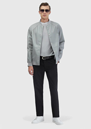Gri Regular Fit Dik Yaka Casual Koyun Derisi Deri Mont