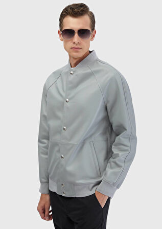 Gri Regular Fit Dik Yaka Casual Koyun Derisi Deri Mont