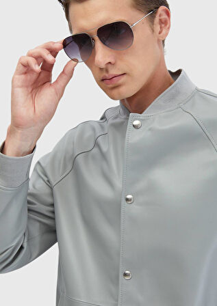 Gri Regular Fit Dik Yaka Casual Koyun Derisi Deri Mont