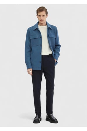 Koyu Mavi Düz Casual Fit Dokuma Yün Karışımlı Overshırt
