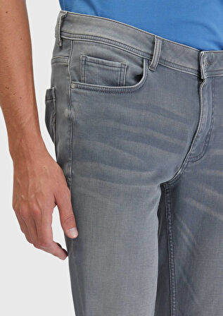 Gri Düz Slim Fit Denim Pamuk Karışımlı Pantolon