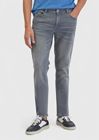 Gri Düz Slim Fit Denim Pamuk Karışımlı Pantolon