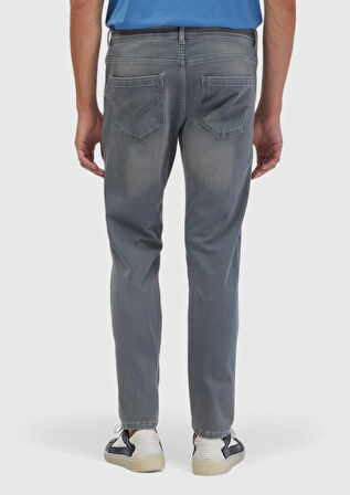 Gri Düz Slim Fit Denim Pamuk Karışımlı Pantolon
