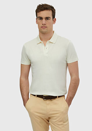 Ekru Düz Polo Yaka %100 Pamuk T-Shirt
