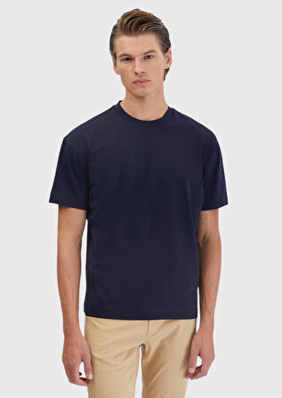 Lacivert Düz Bisiklet Yaka %100 Pamuk T-Shirt