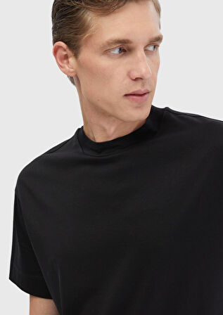 Siyah Düz Bisiklet Yaka %100 Pamuk T-Shirt