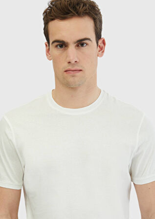 Beyaz Düz Bisiklet Yaka %100 Pamuk T-Shirt