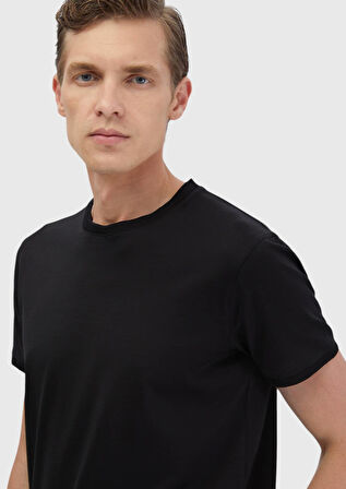 Siyah Düz Bisiklet Yaka %100 Pamuk T-Shirt