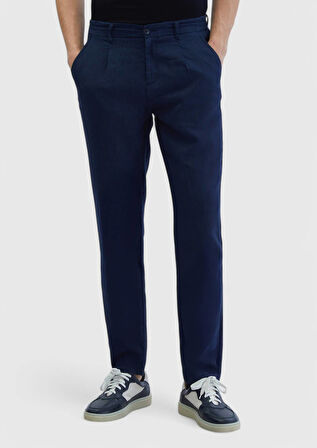 Lacivert Düz Dokuma Jogging Fit Casual %100 Keten Pantolon